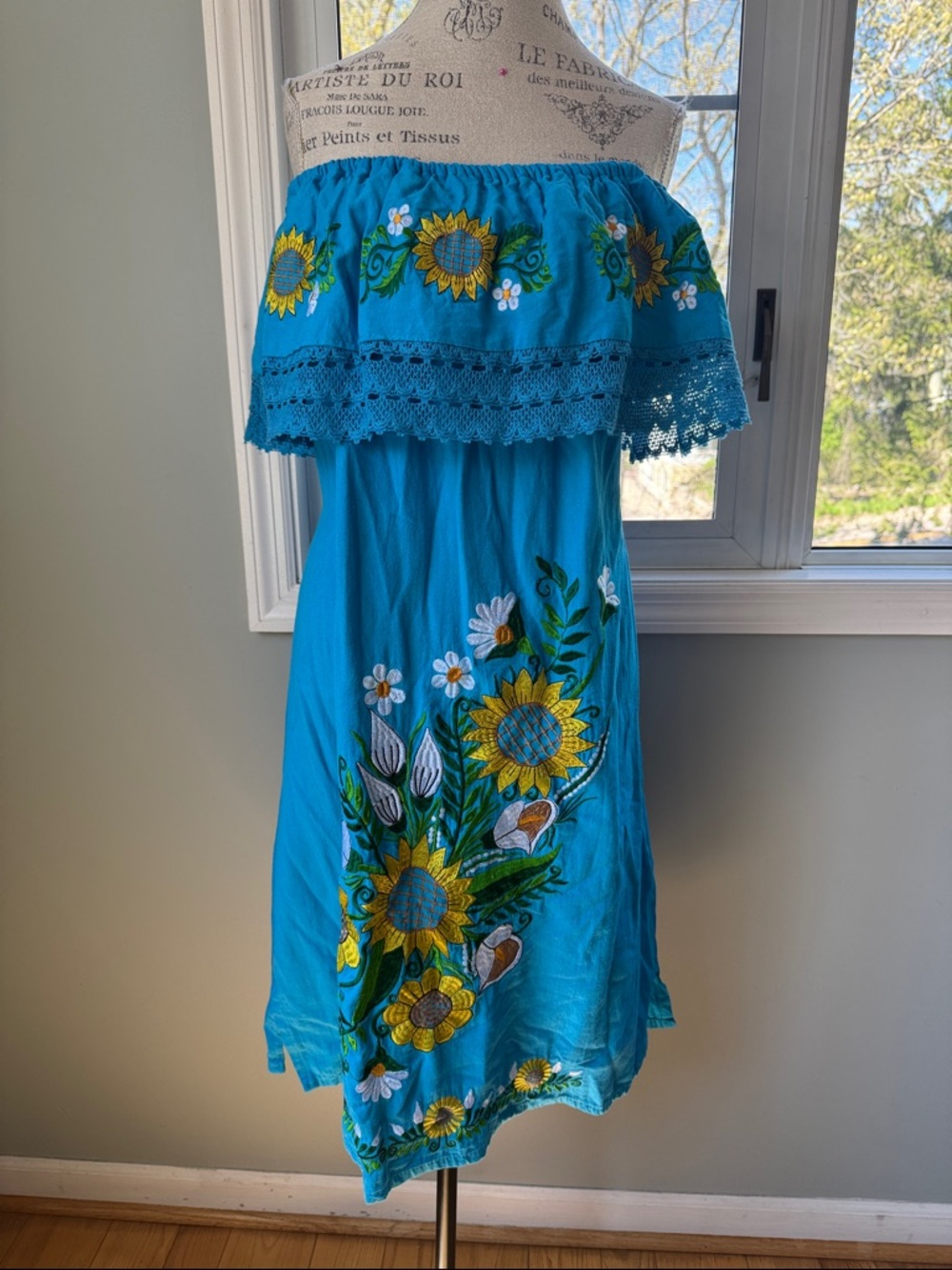 Traditional Mexican blue sunflower & Lily lace trim off the shoulder midi‎ dress